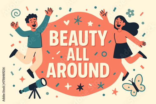 Vibrant Celebration Banner. Beauty all around banner, flat vector illustration, bold oversized text inside rounded blob, cartoon characters jumping and waving,