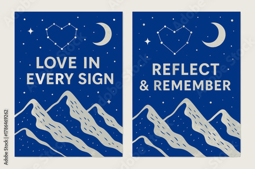 Heavenly Love Banners. Signs in Nature (Ayat). Two vertical A6 banners with safe margins, centered composition, no elements touching edges, memphis, sapphire