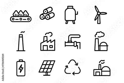 Biomass Processing Icons. Biomass processing. Line outline icon set of biomass processing: conveyor belt, wood