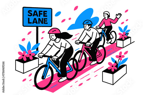 Protected Bike Lane Design. Green infrastructure ? Protected bike lanes with planters. Riders glide between box planters; petals and speed lines scatter like