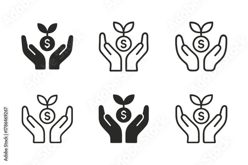 Microfinance Logo Variations. Microfinance. Set Logo of Microfinance: small seed coin in nurturing hands. harmonious logo variations of the same emblematic