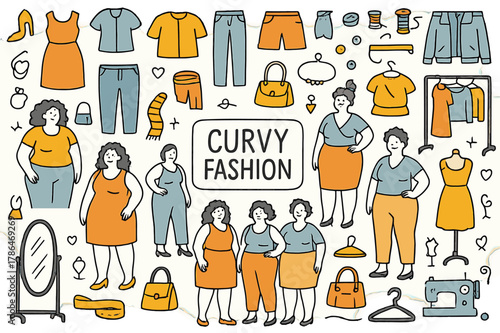 Curvy Fashion Doodles. Curvy fashion. Hand-drawn doodle illustration dresses (colored), shirts (colored), pants (colored), skirts (colored), jackets (colored),