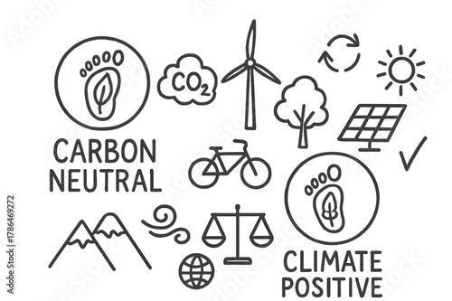 Eco-Friendly Doodle Icons. Carbon-neutral and climate positive marks. Hand-drawn doodle illustration Carbon-neutral and climate positive marks footprint, leaf