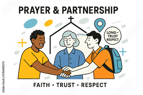 Unity Through Faith. Prayer & Partnership. Two local leaders and a visiting team join hands beneath a simple church outline; a pin reads ?Long-Term