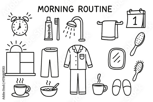 Morning Routine Doodles. Morning Routine. Hand-drawn doodle illustration Morning Routine alarm clock, toothbrush, toothpaste, shower, towel, breakfast, coffee