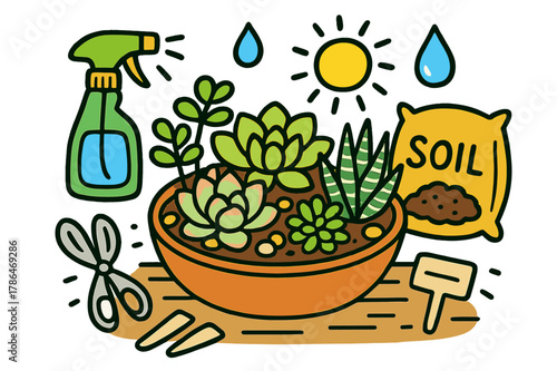 Colorful Succulent Display. Succulent arrangement. Colorful Hand-drawn doodle Children illustration Succulent arrangement echeveria rosette, jade plant, zebra