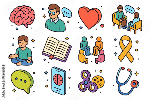 Mental Health Icons. Mental health support. Colorful isometric vector icons set of mental health support: brain, therapist, heart, counseling