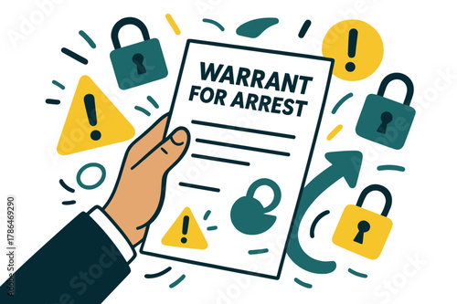 Arrest Warrant Illustration. Online privacy laws and their global implications. Businessperson reviewing compliance dashboard with abstract floating shields,