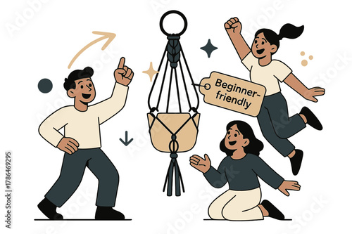 Playful Macrame Hanger Design. Simple -cord hanger. Strands drop from a ring and braid into clean symmetry around a pot; a tag says ?Beginner-friendly?.