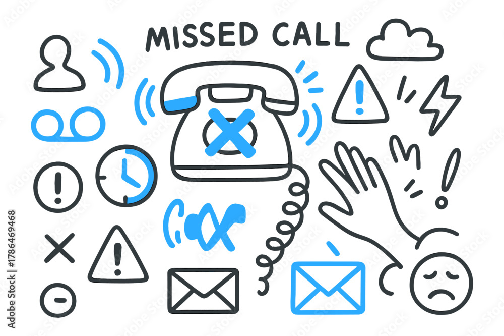 Fototapeta premium Missed Call Doodle. // Missed call. Hand-drawn doodle illustration missed call [phone with red X (accented), ringing icon (accented), voicemail bubble, contact