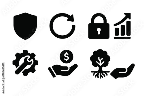 Business Resilience Icons. Business resilience. Filled icon set of business resilience: shield icon, recovery