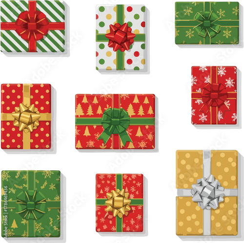 Top View Assortment of Nine Colorful Christmas Holiday Gift Boxes with Festive Ribbons