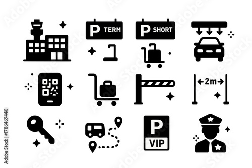 Airport Icon Collection. Airport smart parking. Solid icons set of Airport smart parking: terminal silhouette, long-term sign, short-term sign, overhead