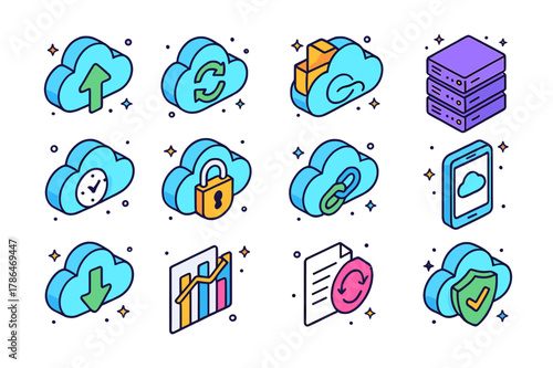 Colorful Cloud Storage Icons. Cloud storage systems. Colorful isometric vector icons set of Cloud storage systems: cloud upload arrow, sync icon, data folder,