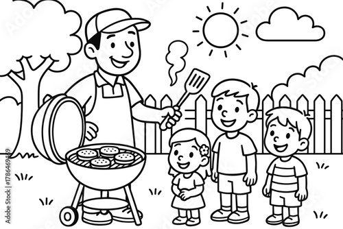 Family BBQ Coloring Page. Summer BBQ grill scene children?s coloring book illustration, outlined drawing,