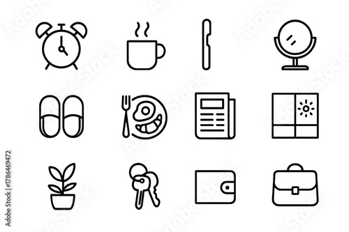 Morning Routine Icons. Morning Routine. Line icon set of Morning Routine: alarm clock, steaming mug, toothbrush, mirror, slippers, breakfast plate, newspaper,