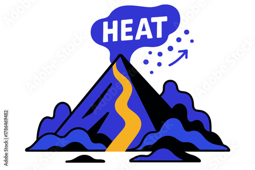 Volcanic Energy Art. Abstract Landscapes ? Volcanic Shapes. Triangular peak glows with a clean lava ribbon; sparks rise as geometric dots. Caption ?heat? rides