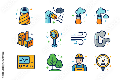 Environmental Tower Icons. Environmental towers. Colorful isometric vector icons set of environmental towers: air filter tower, ventilation system, smoke