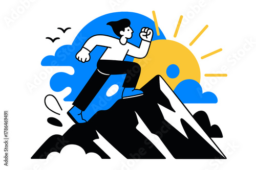 Triumphant Mountain Ascent. person overcoming obstacles, a determined individual standing on a mountain peak, with a bold, abstract sunrise and a few, delicate