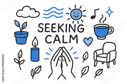 Calm Affirmations Icons. // Seeking calm. Hand-drawn doodle illustration Seeking calm [hands clasped (accented), deep breath lines (accented), plant, candle