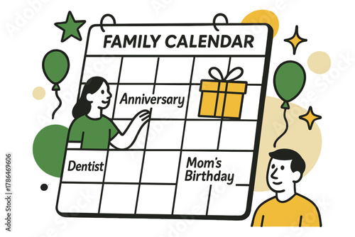 Family Calendar Celebrations. Organized memories. A close-up of a family calendar with handwritten notes,