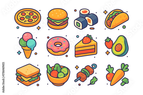 Colorful Food Icons. food items. Colorful isometric vector icons set of food items: pizzas, burgers, sushi, tacos, ice cream, donuts, cakes, fruits,