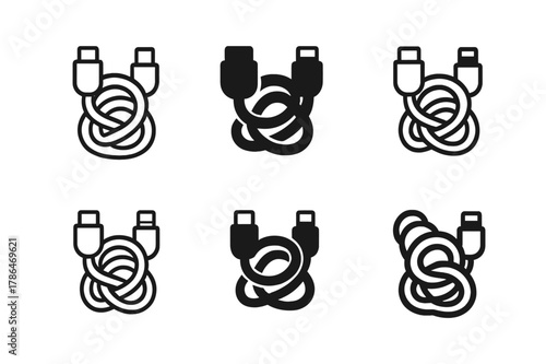 Charging Cable Tangle. Charging cable mess. Set Logo of Charging cable mess: USB-C and lightning tangle. harmonious logo variations of the same emblematic