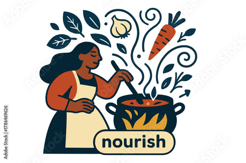 Herbal Stew Symphony. Keeper of the Hearth ? Herbal Stew. Leaves, garlic, and root icons swirl into a simmering pot; aroma lines curl like music. Label