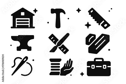 Artisan Tools Icons. Artisan Workshop. Solid icons set of Artisan Workshop: workshop, hammer, chisel, saw, anvil, ruler, paintbrush, wood plank, sewing needle,