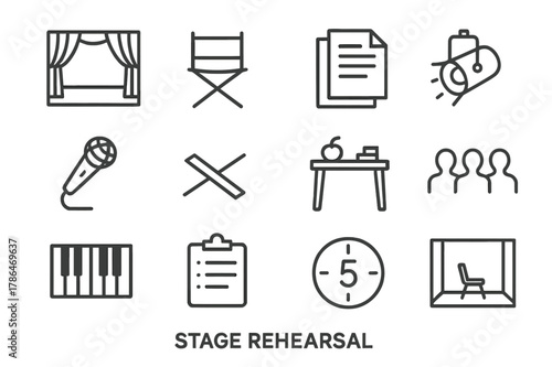 Stage Rehearsal Icons. Stage Rehearsal. Line icon set of Stage Rehearsal: open stage, director chair, script pages, spotlight, microphone, floor tape marks,