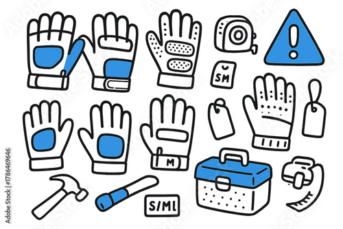 Safety Work Gloves. // Work gloves. Hand-drawn doodle illustration work gloves [glove pair (accented), single glove, palm padding (accented), wrist cuff,
