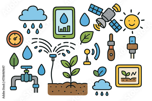 Smart Irrigation Illustration. Smart Irrigation. Colorful Hand-drawn doodle Children illustration Smart Irrigation sprinkler, soil moisture sensor, smartphone,