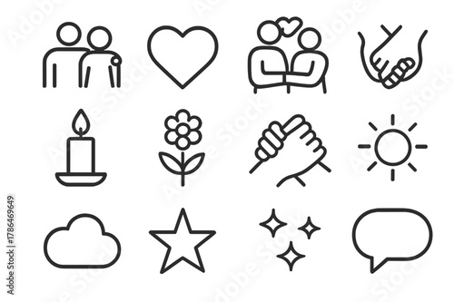 Bonding Icon Set. Bonding time. Line outline icon set of bonding time: couple, heart, hug, hand holding,