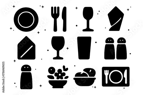Dining Icons Grid. Dining Essentials. Solid icons set of Dining Essentials: plate, fork, knife, spoon, napkin, wine glass, water glass, bread basket, salt