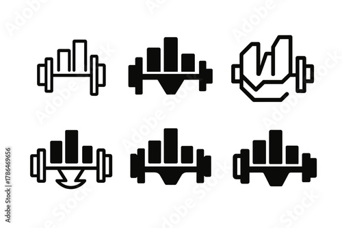 Barbell Chart Logos. Training load. Set Logo of Training load: barbell combined with bar chart. harmonious logo variations of the same emblematic concept, each