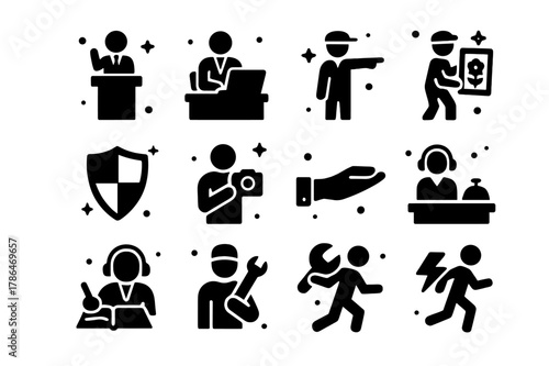Auction Icons Grid. Auctioneer and staff. Solid icons set of Auctioneer and staff: auctioneer at podium, clerk typing, ringman pointing, porter carrying art,