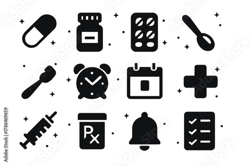 Medication Reminder Icons. Medication Reminders. Solid icons set of Medication Reminders: pill capsule, pill bottle, blister pack, water glass, dosage spoon,