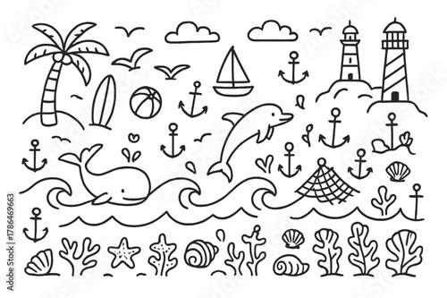 Ocean Doodle Elements. ocean landscape. Hand-drawn doodle illustration ocean landscape waves, seagulls, lighthouses, sailboats, anchors, fishing