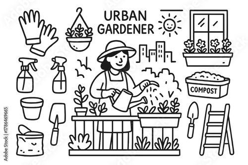 Urban Gardening Tools. Urban gardener. Hand-drawn doodle illustration urban gardener balcony plants, watering can, gloves, spray bottle, pot, shovel, hanging