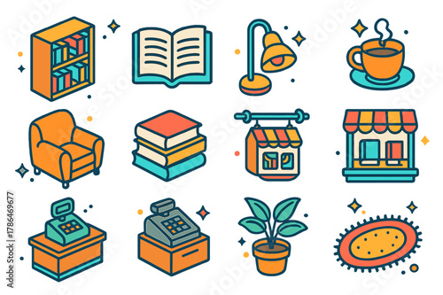 Cozy Bookstore Icons. Cozy bookstore. Colorful isometric vector icons set of cozy bookstore: bookshelf, open book, reading lamp, coffee cup, armchair, book