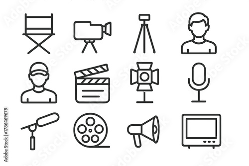 Film Set Iconography. Behind the scenes. Line outline icon set of behind the scenes: director?s chair, camera,