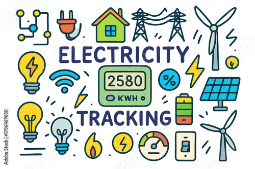 Colorful Electricity Doodles. electricity tracking. Colorful Hand-drawn doodle Children illustration electricity tracking smart meter, digital display,