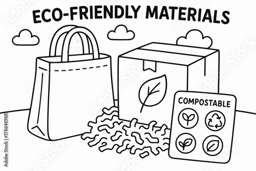 Eco-Friendly Coloring Design. Eco-Friendly Materials children?s coloring book illustration, outlined drawing, reusable cloth bag, cardboard box with leaf