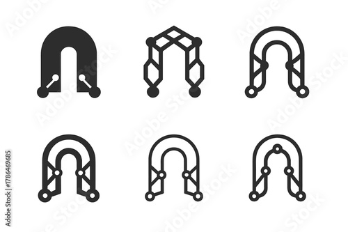 Interlinked Nodes Logos. Professional networking. Set Logo of Professional networking: interlinked nodes forming doorway. harmonious logo variations of the