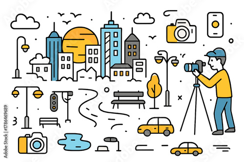 Sunset Cityscape Doodle. City sunset shoot. Hand-drawn doodle illustration city skyline (colored), setting sun (colored), skyscrapers (colored), street lights