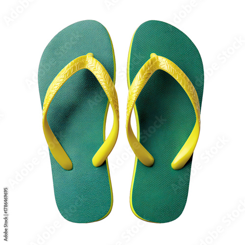Green and yellow flip flops isolated on transparent background