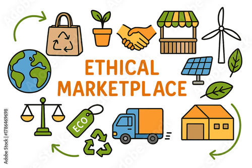 Ethical Marketplace Icons. ethical marketplace. Colorful Hand-drawn doodle Children illustration ethical marketplace globe, shopping bag, recycled box, plant,