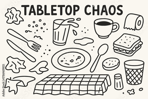 Tabletop Chaos Doodles. Tabletop Chaos. Hand-drawn doodle illustration Tabletop Chaos crumpled napkin, spilled drink, crumbs, fork, knife, plate, coffee cup,