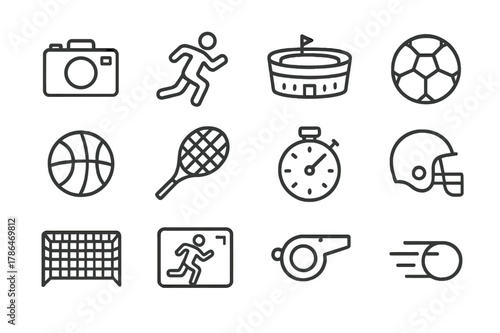 Sports Icon Set. Sports event capture. Line icon set of sports event capture: camera, athlete running, stadium, soccer ball, basketball, tennis racket,