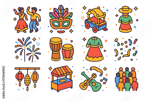 Colorful Cultural Icons. Cultural event. Colorful isometric vector icons set of cultural event: traditional dance, festival mask, parade float, fireworks,